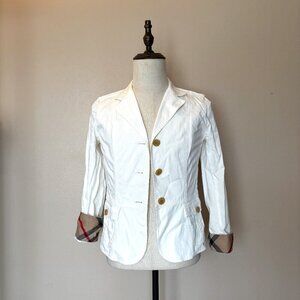 Burberry London Women's White Fitted Blazer with Nova Check Cuffs – Size 42
